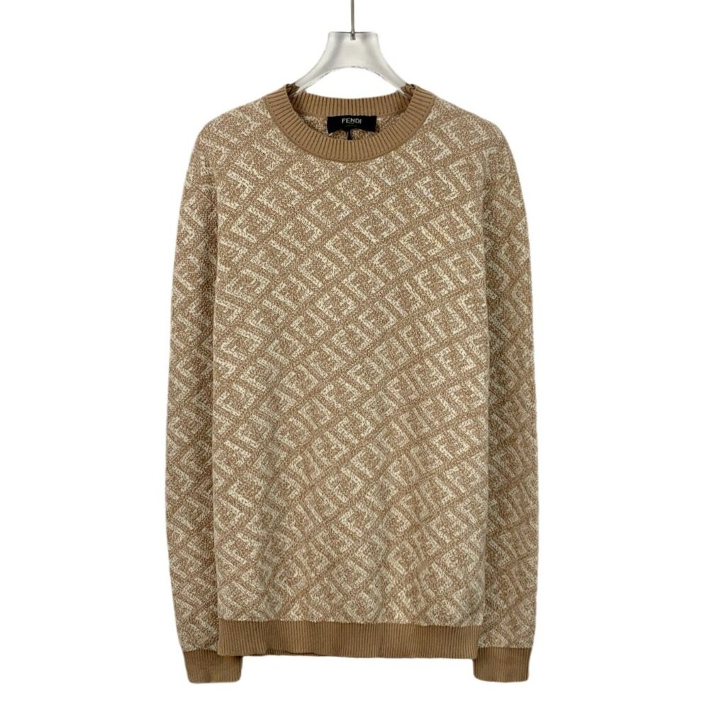 Fendi Mens Cotton Beige Geometric Pattern Crew Neck Sweater Size 50